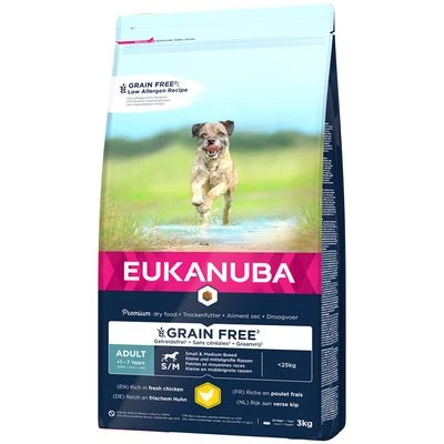 Eukanuba Grain Free Adult Small / Medium Breed Kip Hondenvoer 3 Eukanuba Grain Free Adult Small / Medium Breed Kip Hondenvoer